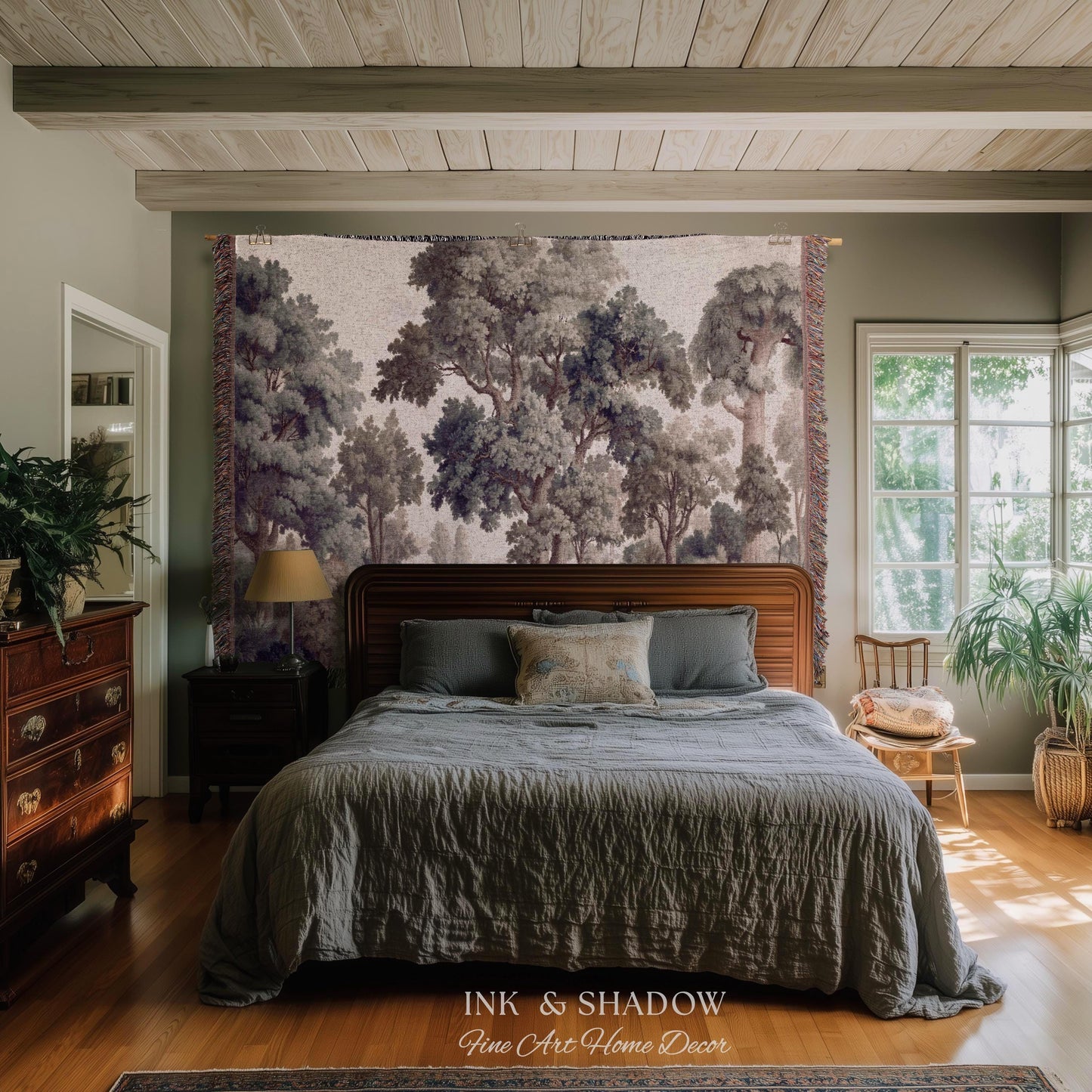 Earthy Pastel Forest Woodland Tapestry Wall Art | Vintage Botanical Naturalism Historical Verdure Bedroom Decor French Woven Jacquard Throw