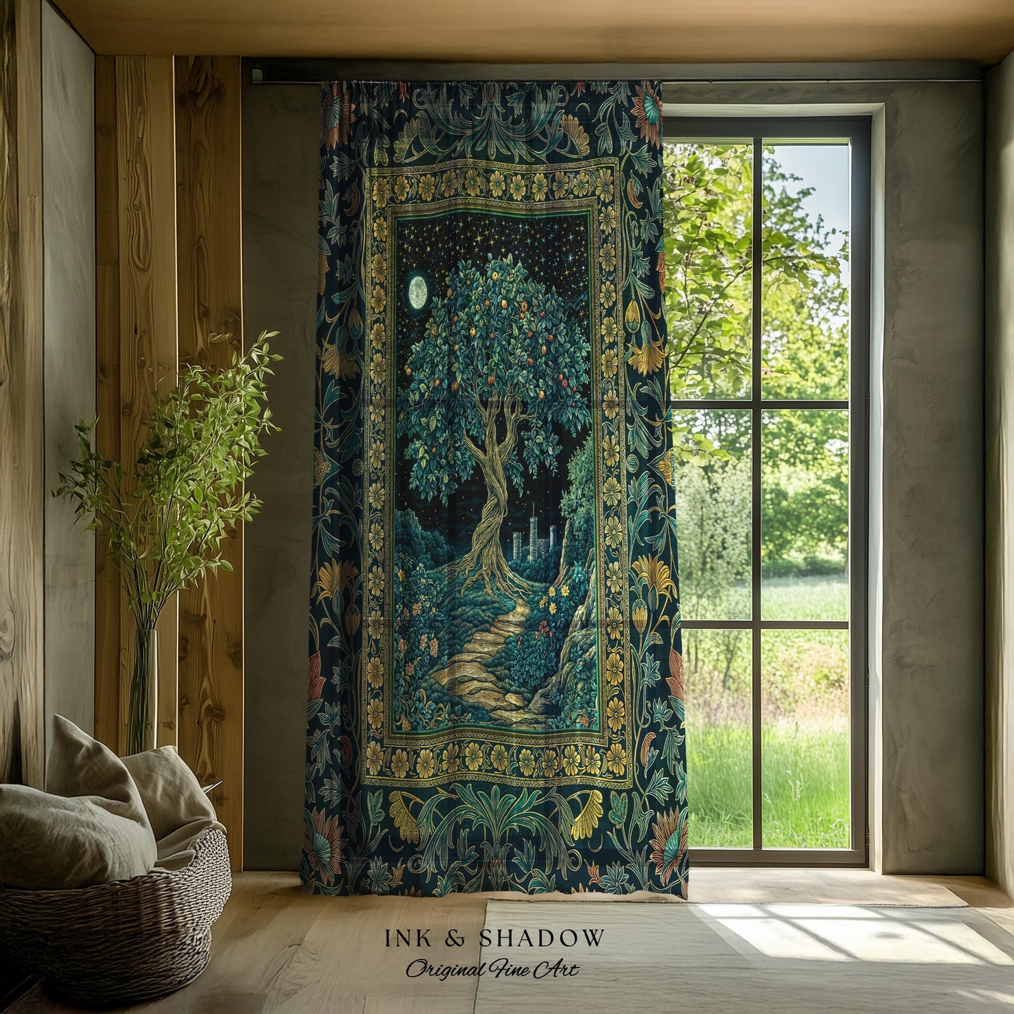 Enchanted Woodland Path Curtain | Dreamy Moonlit Medieval Garden Decor Celestial Willow Tree of Life Drapes Fantasy Style Gothic Academia