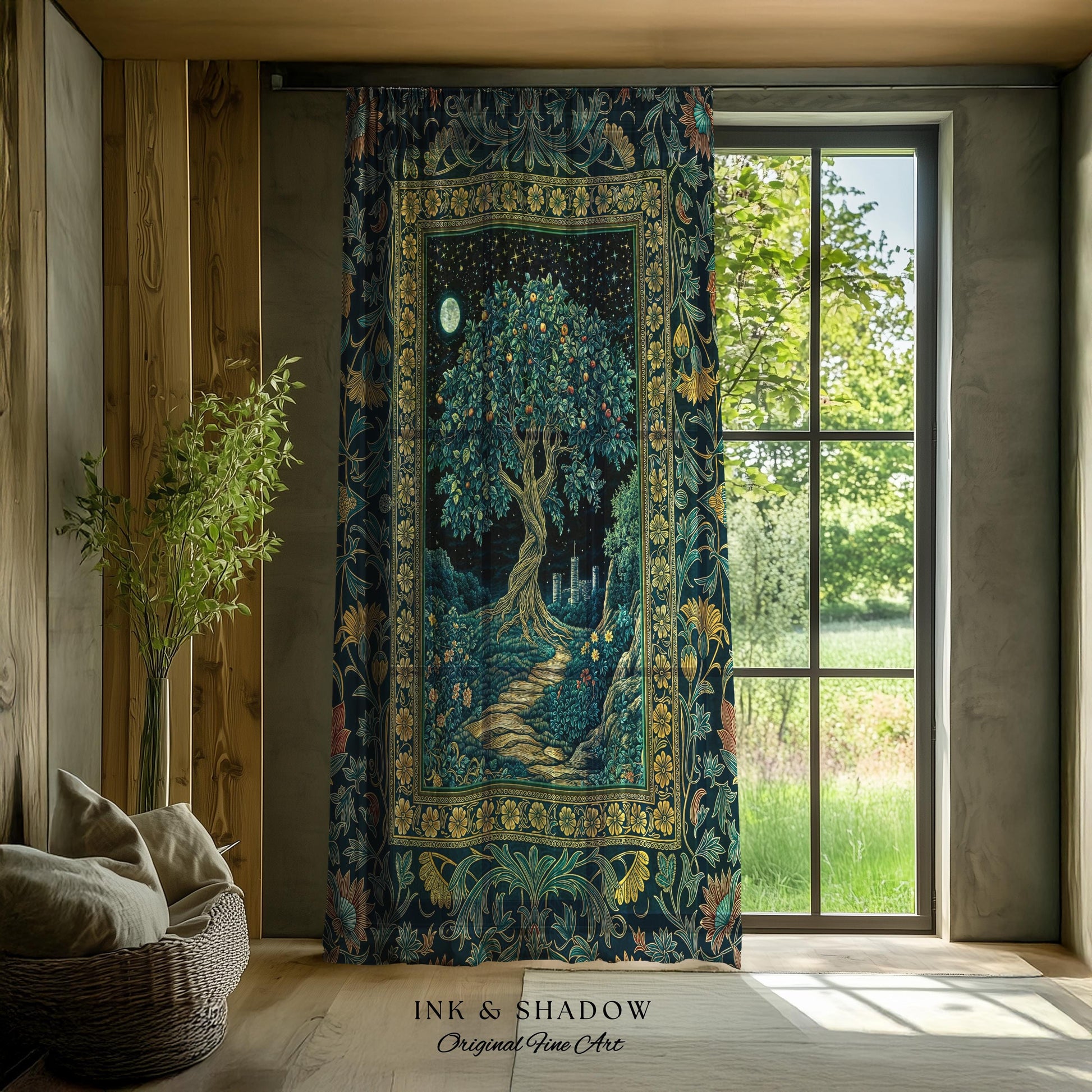 Enchanted Woodland Path Curtain | Dreamy Moonlit Medieval Garden Decor Celestial Willow Tree of Life Drapes Fantasy Style Gothic Academia