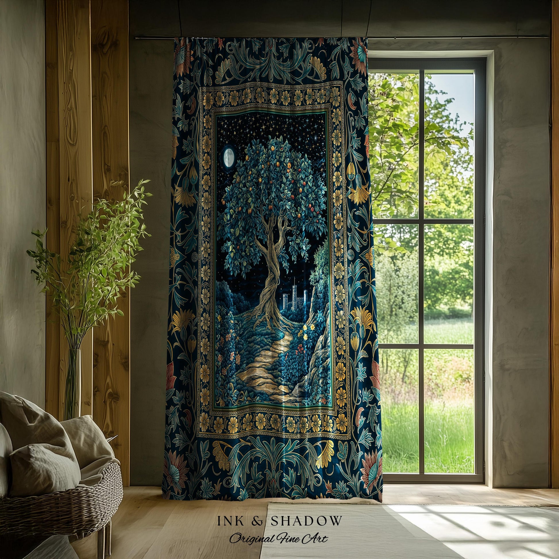 Enchanted Woodland Path Curtain | Dreamy Moonlit Medieval Garden Decor Celestial Willow Tree of Life Drapes Fantasy Style Gothic Academia