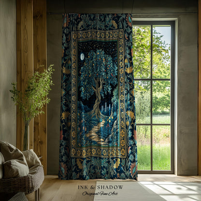 Enchanted Woodland Path Curtain | Dreamy Moonlit Medieval Garden Decor Celestial Willow Tree of Life Drapes Fantasy Style Gothic Academia