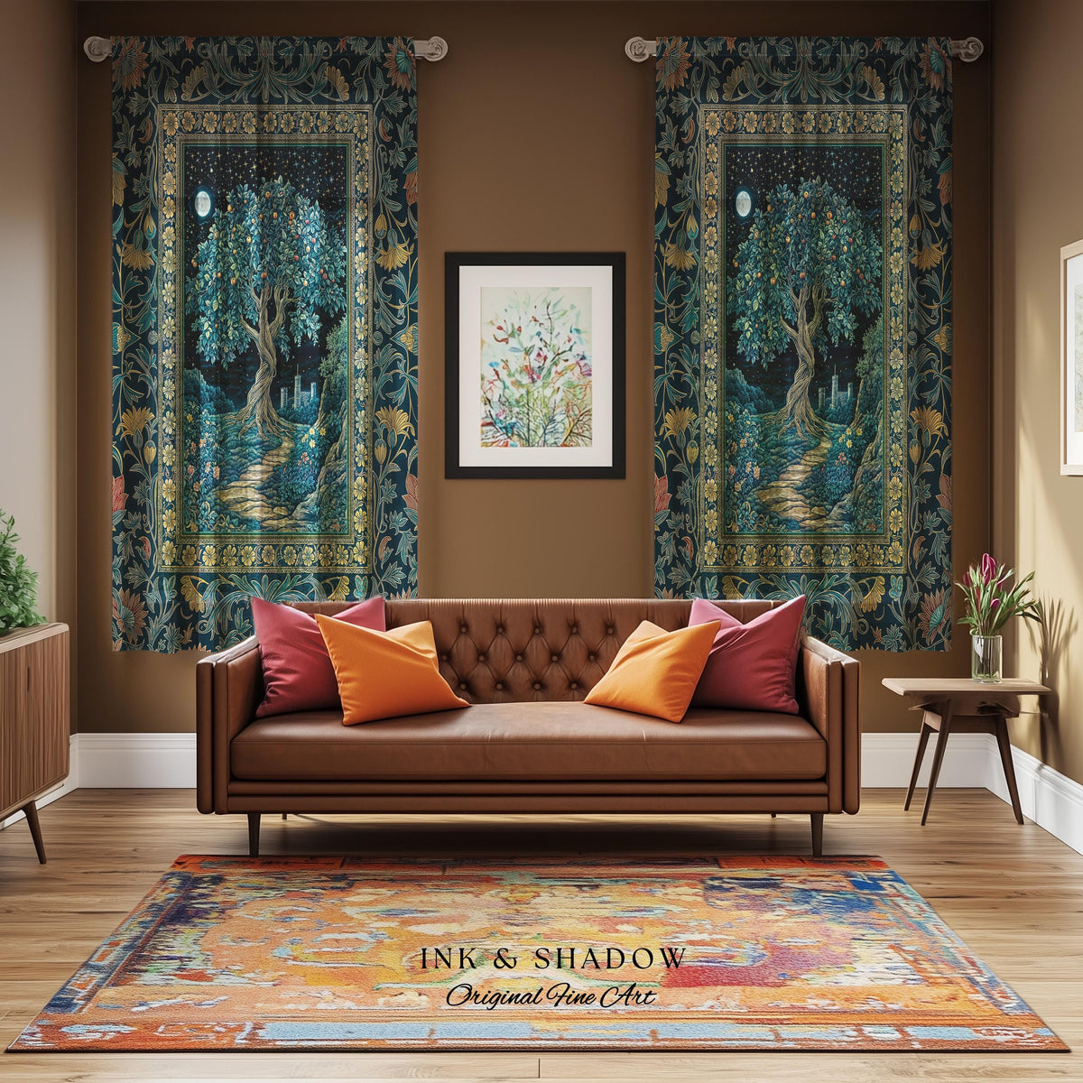 Enchanted Woodland Path Curtain | Dreamy Moonlit Medieval Garden Decor Celestial Willow Tree of Life Drapes Fantasy Style Gothic Academia