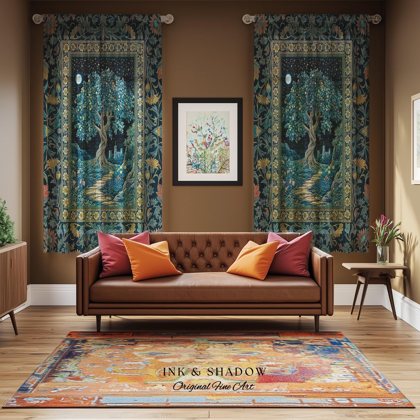 Enchanted Woodland Path Curtain | Dreamy Moonlit Medieval Garden Decor Celestial Willow Tree of Life Drapes Fantasy Style Gothic Academia