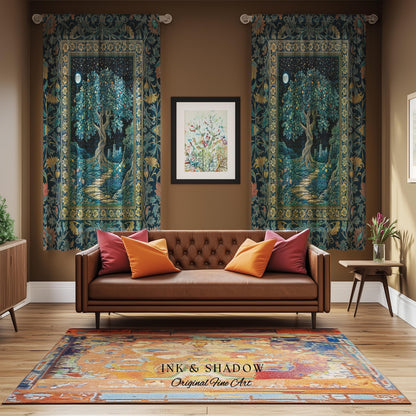 Enchanted Woodland Path Curtain | Dreamy Moonlit Medieval Garden Decor Celestial Willow Tree of Life Drapes Fantasy Style Gothic Academia
