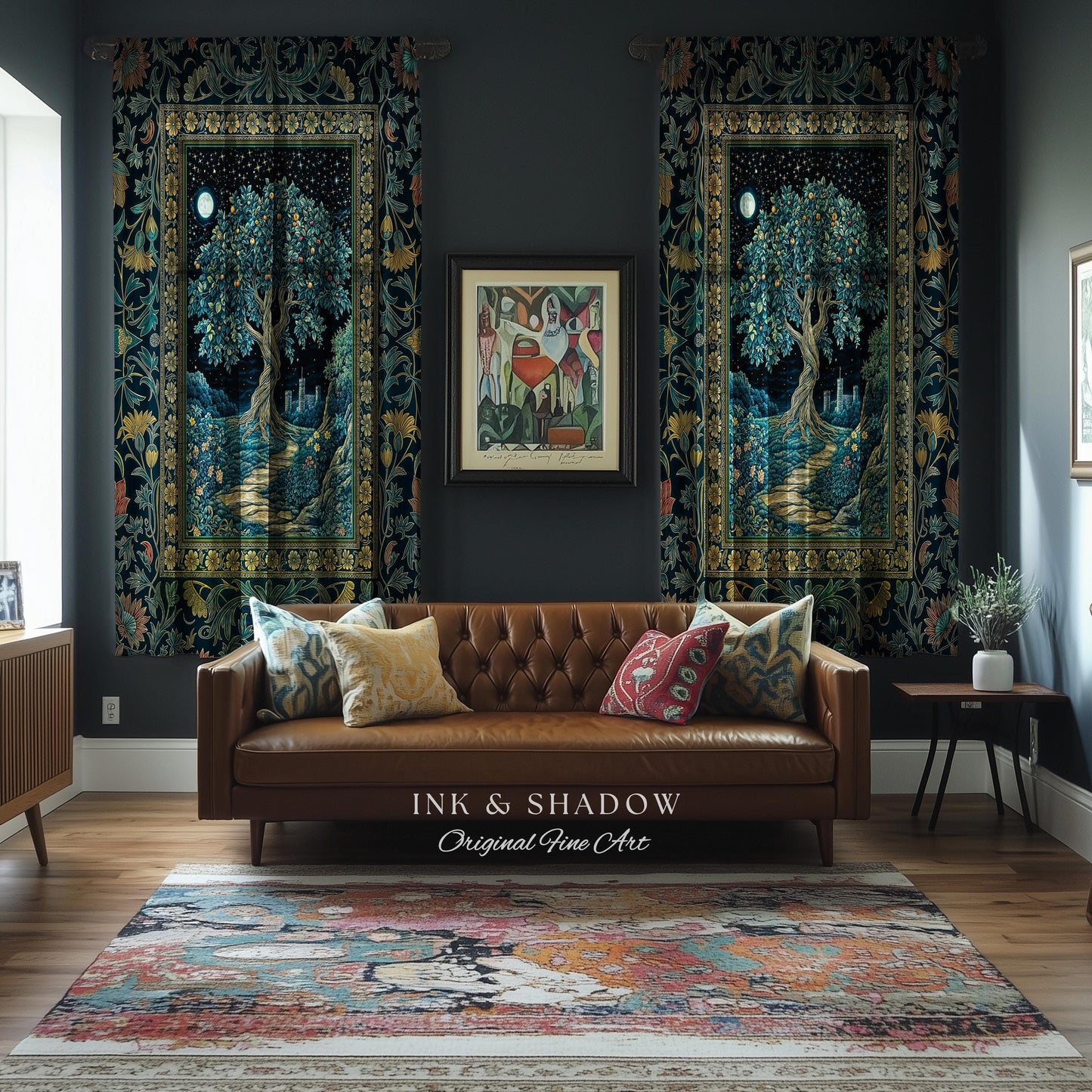 Enchanted Woodland Path Curtain | Dreamy Moonlit Medieval Garden Decor Celestial Willow Tree of Life Drapes Fantasy Style Gothic Academia