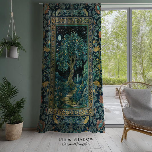 Enchanted Woodland Path Curtain | Dreamy Moonlit Medieval Garden Decor Celestial Willow Tree of Life Drapes Fantasy Style Gothic Academia