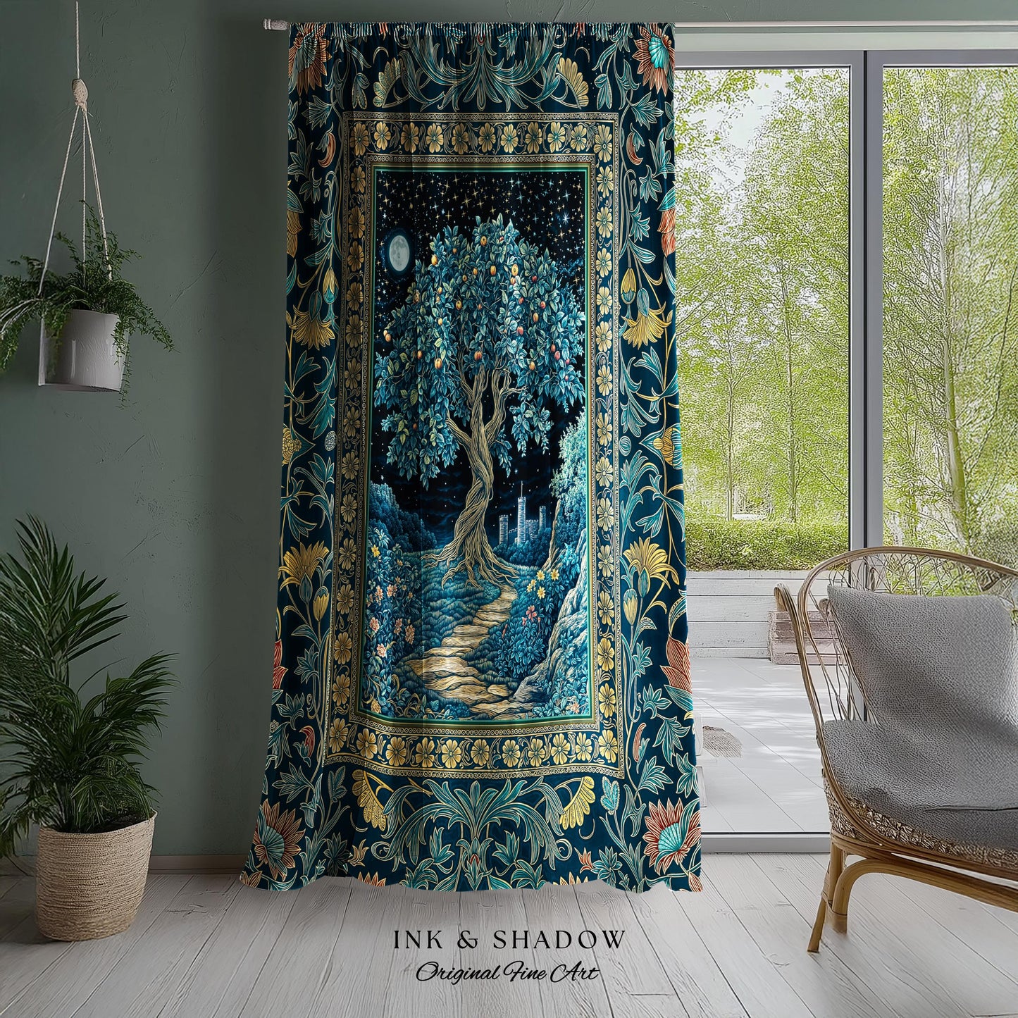 Enchanted Woodland Path Curtain | Dreamy Moonlit Medieval Garden Decor Celestial Willow Tree of Life Drapes Fantasy Style Gothic Academia