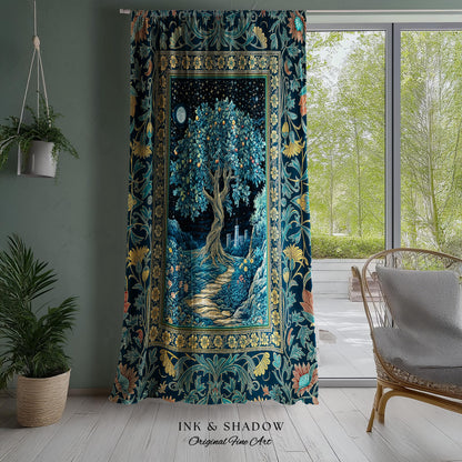 Enchanted Woodland Path Curtain | Dreamy Moonlit Medieval Garden Decor Celestial Willow Tree of Life Drapes Fantasy Style Gothic Academia