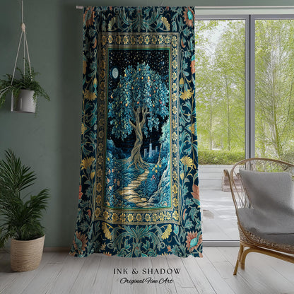 Enchanted Woodland Path Curtain | Dreamy Moonlit Medieval Garden Decor Celestial Willow Tree of Life Drapes Fantasy Style Gothic Academia