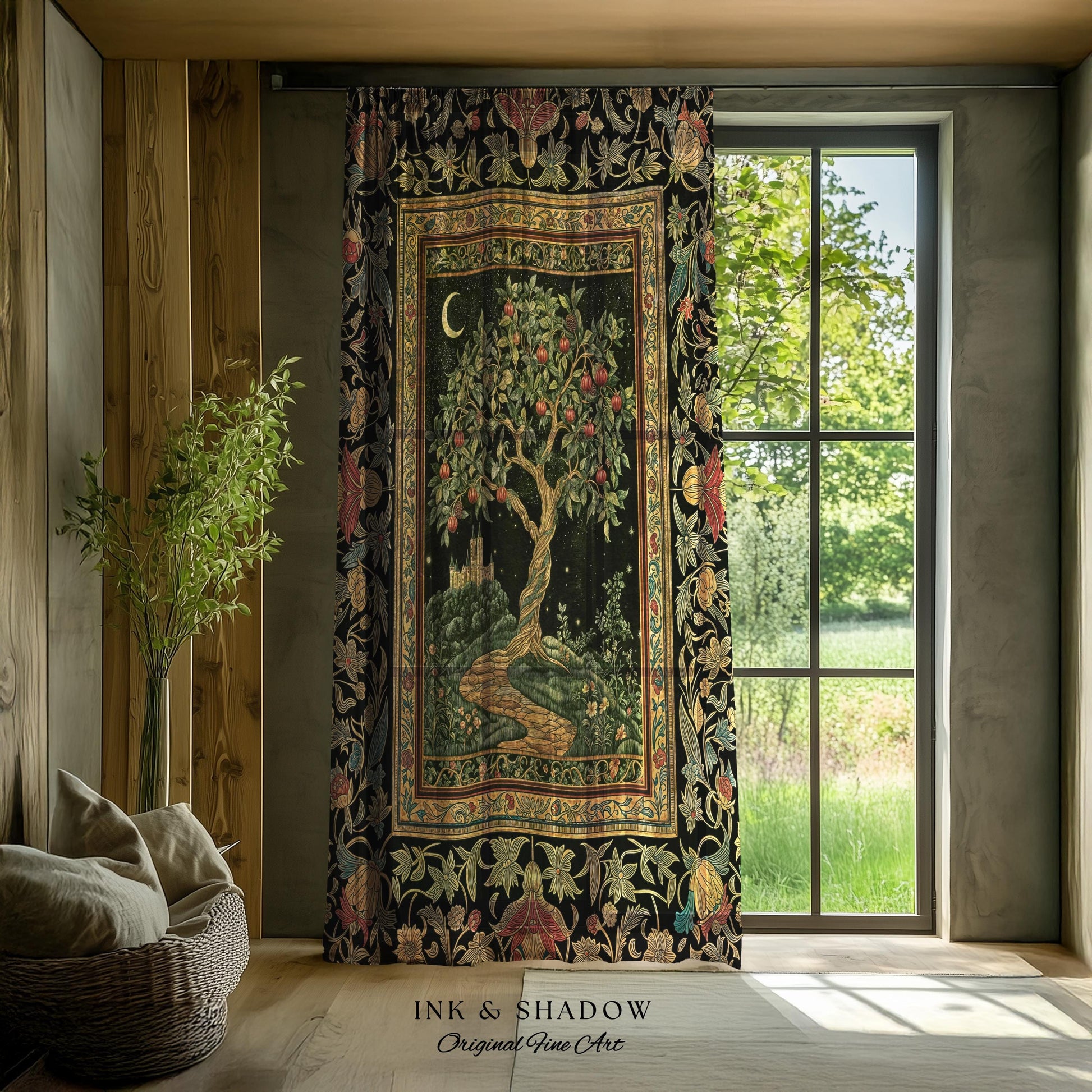 Moonlit Magic Whimsical Tree Curtain | Celestial Forest Midnight Aesthetic Folklore Fairy Tale Decor Medieval Style Mystic Whimsigoth Home