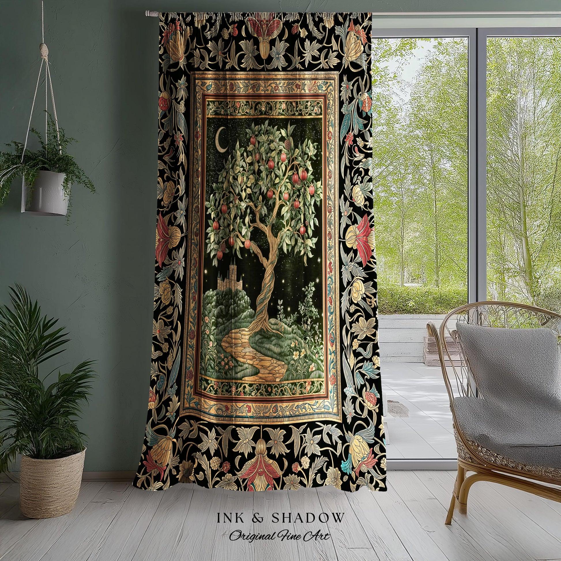 Moonlit Magic Whimsical Tree Curtain | Celestial Forest Midnight Aesthetic Folklore Fairy Tale Decor Medieval Style Mystic Whimsigoth Home