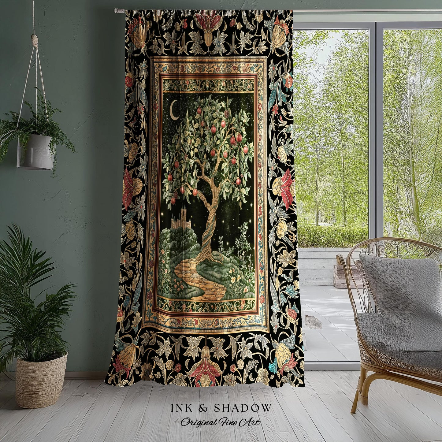 Moonlit Magic Whimsical Tree Curtain | Celestial Forest Midnight Aesthetic Folklore Fairy Tale Decor Medieval Style Mystic Whimsigoth Home