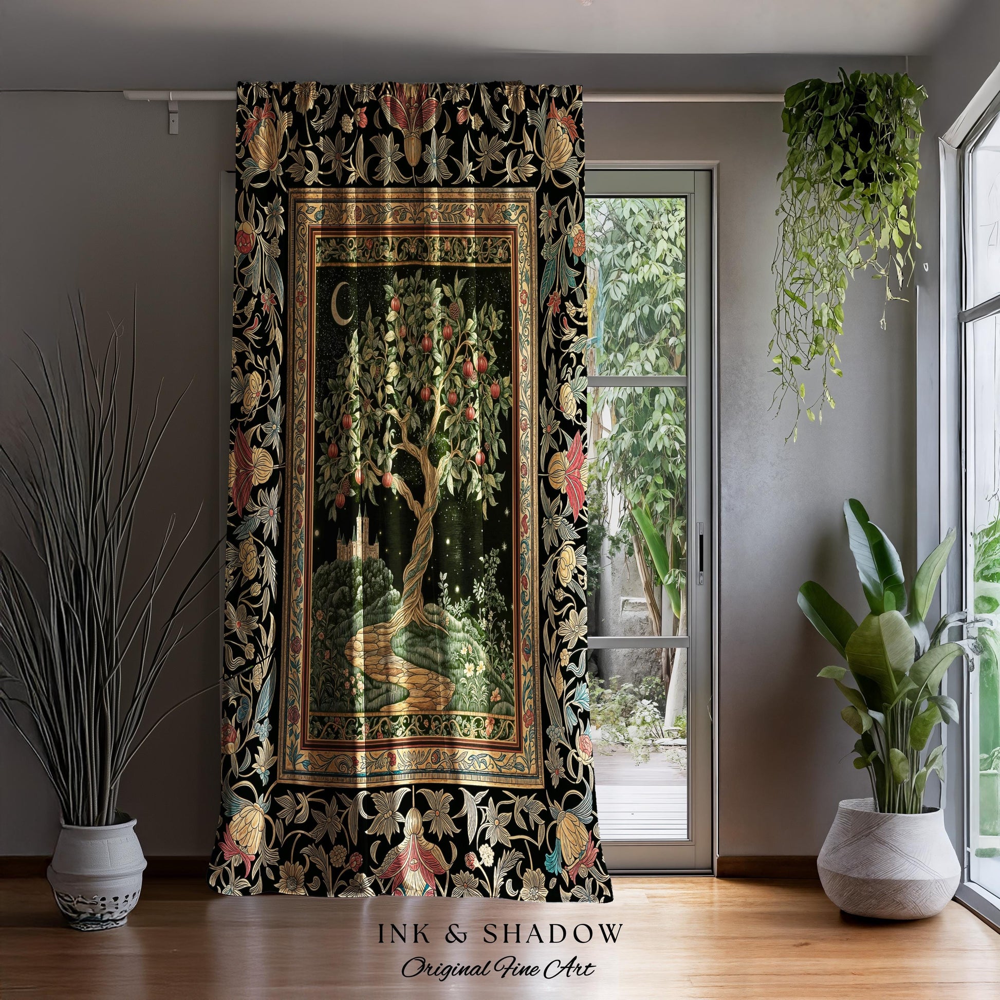 Moonlit Magic Whimsical Tree Curtain | Celestial Forest Midnight Aesthetic Folklore Fairy Tale Decor Medieval Style Mystic Whimsigoth Home