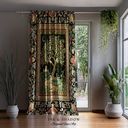 Moonlit Magic Whimsical Tree Curtain | Celestial Forest Midnight Aesthetic Folklore Fairy Tale Decor Medieval Style Mystic Whimsigoth Home