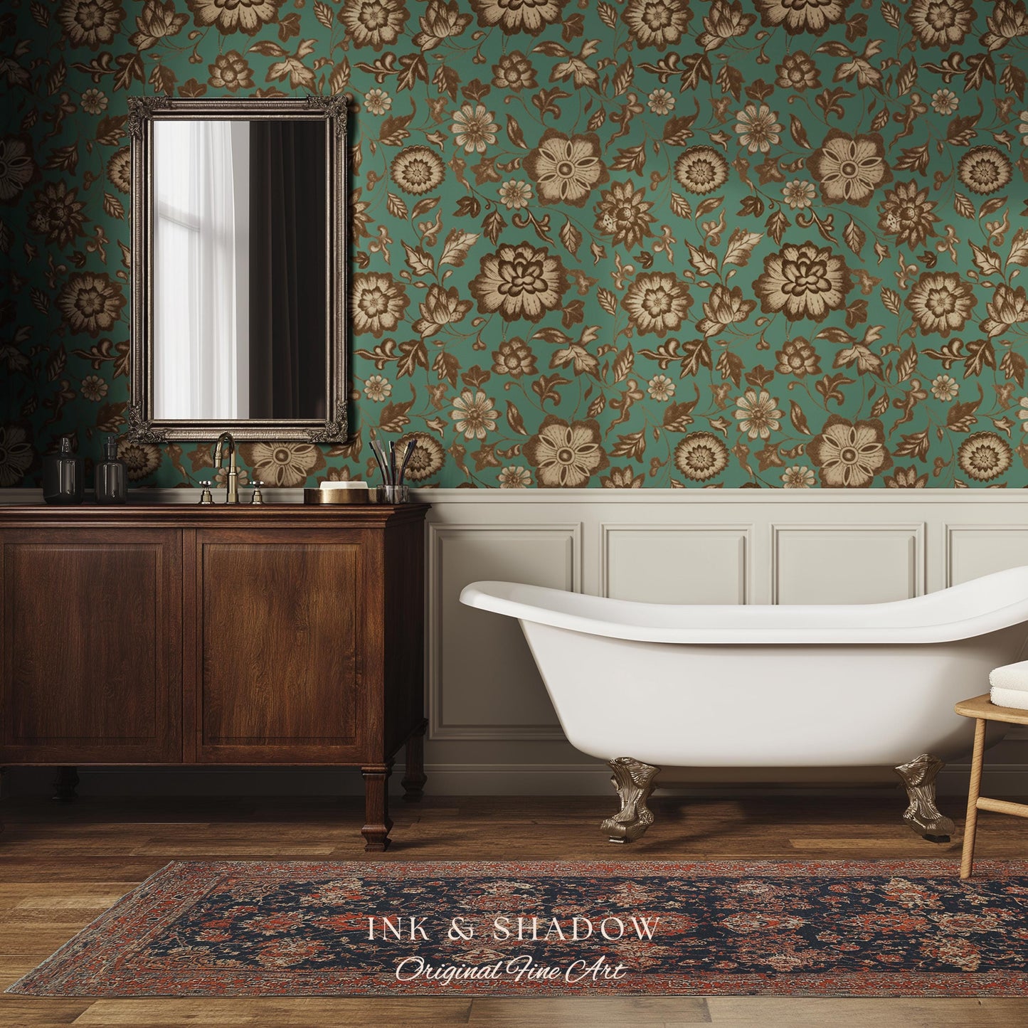 Bohemian Retro Heritage Wallpaper | Vintage Inspired Modern Folk Revival Teal Wall Art Sepia Floral Maximalism Renter Friendly Bedroom