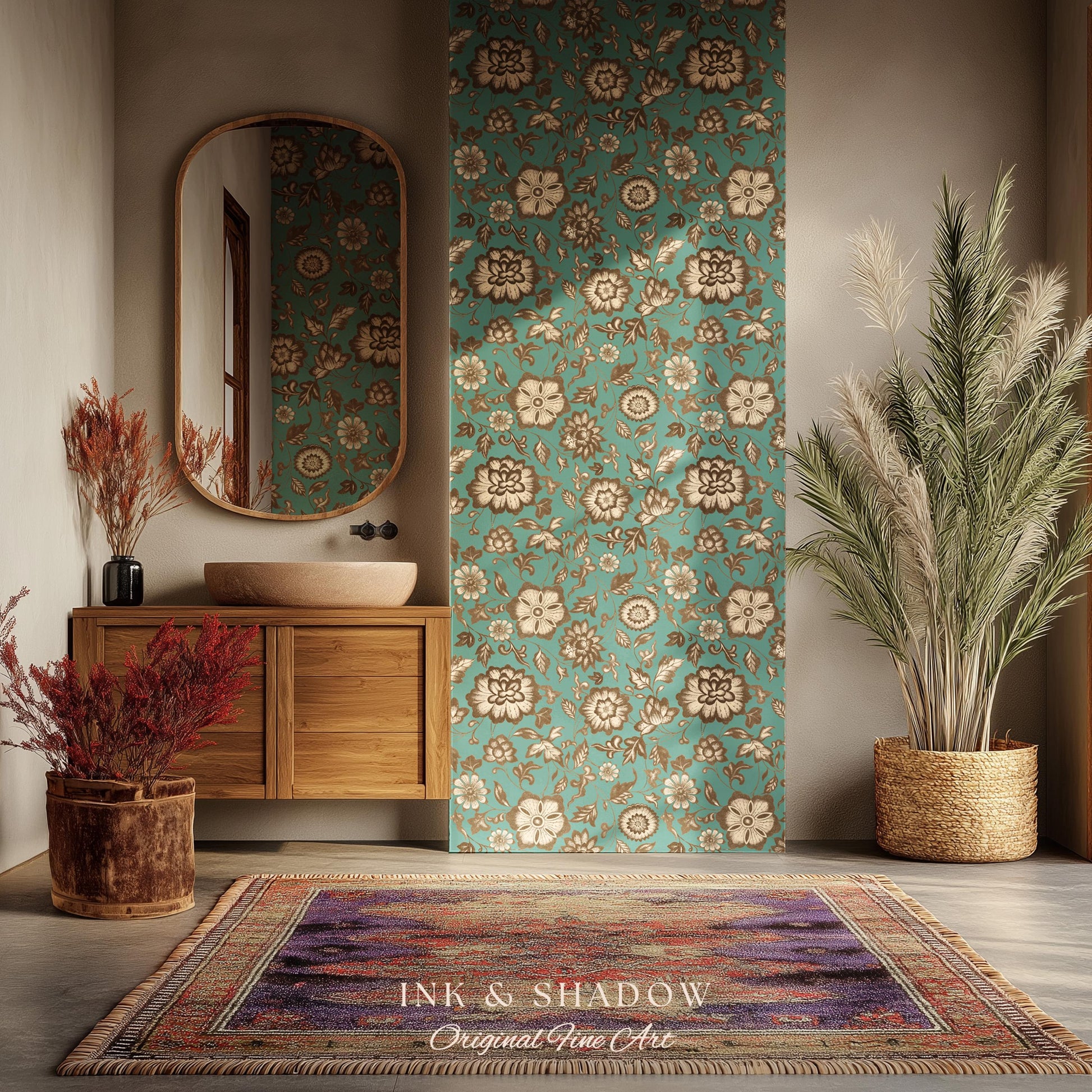 Bohemian Retro Heritage Wallpaper | Vintage Inspired Modern Folk Revival Teal Wall Art Sepia Floral Maximalism Renter Friendly Bedroom