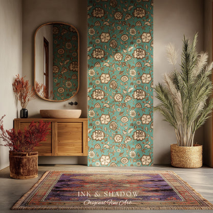 Bohemian Retro Heritage Wallpaper | Vintage Inspired Modern Folk Revival Teal Wall Art Sepia Floral Maximalism Renter Friendly Bedroom