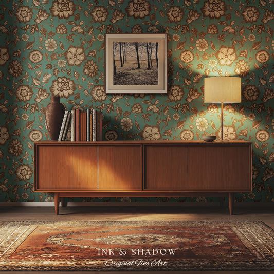 Bohemian Retro Heritage Wallpaper | Vintage Inspired Modern Folk Revival Teal Wall Art Sepia Floral Maximalism Renter Friendly Bedroom