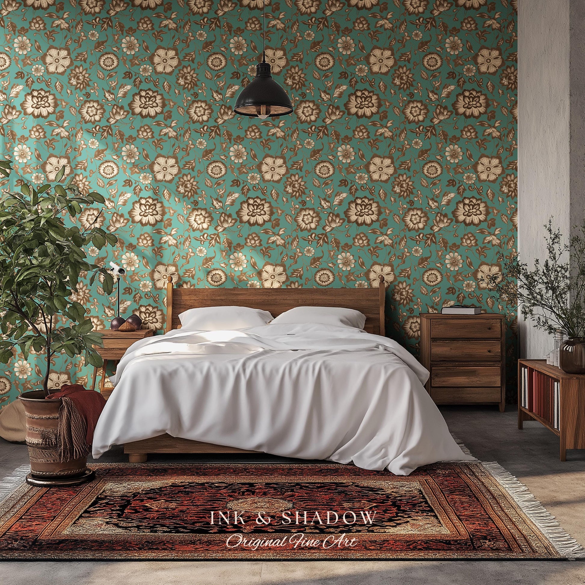 Bohemian Retro Heritage Wallpaper | Vintage Inspired Modern Folk Revival Teal Wall Art Sepia Floral Maximalism Renter Friendly Bedroom