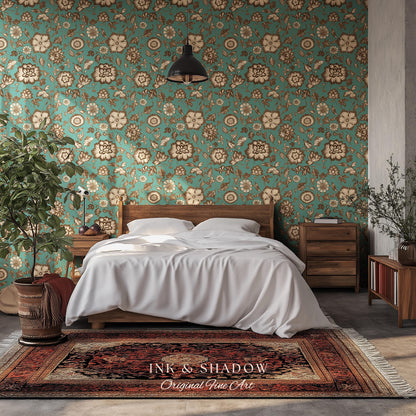 Bohemian Retro Heritage Wallpaper | Vintage Inspired Modern Folk Revival Teal Wall Art Sepia Floral Maximalism Renter Friendly Bedroom