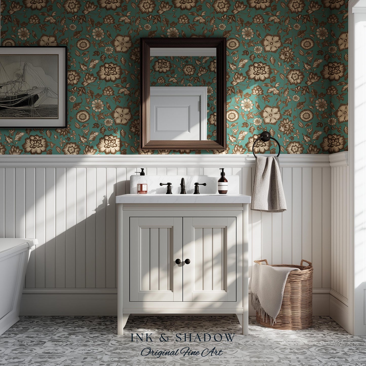 Bohemian Retro Heritage Wallpaper | Vintage Inspired Modern Folk Revival Teal Wall Art Sepia Floral Maximalism Renter Friendly Bedroom