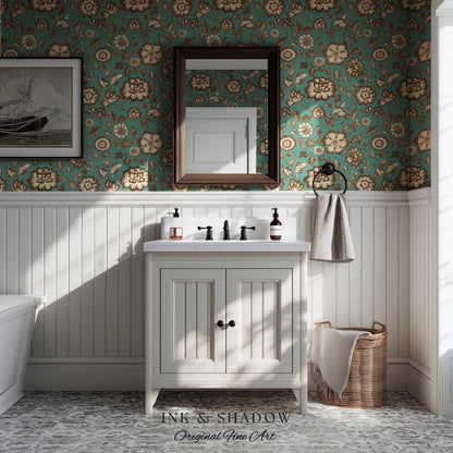 Bohemian Retro Heritage Wallpaper | Vintage Inspired Modern Folk Revival Teal Wall Art Sepia Floral Maximalism Renter Friendly Bedroom