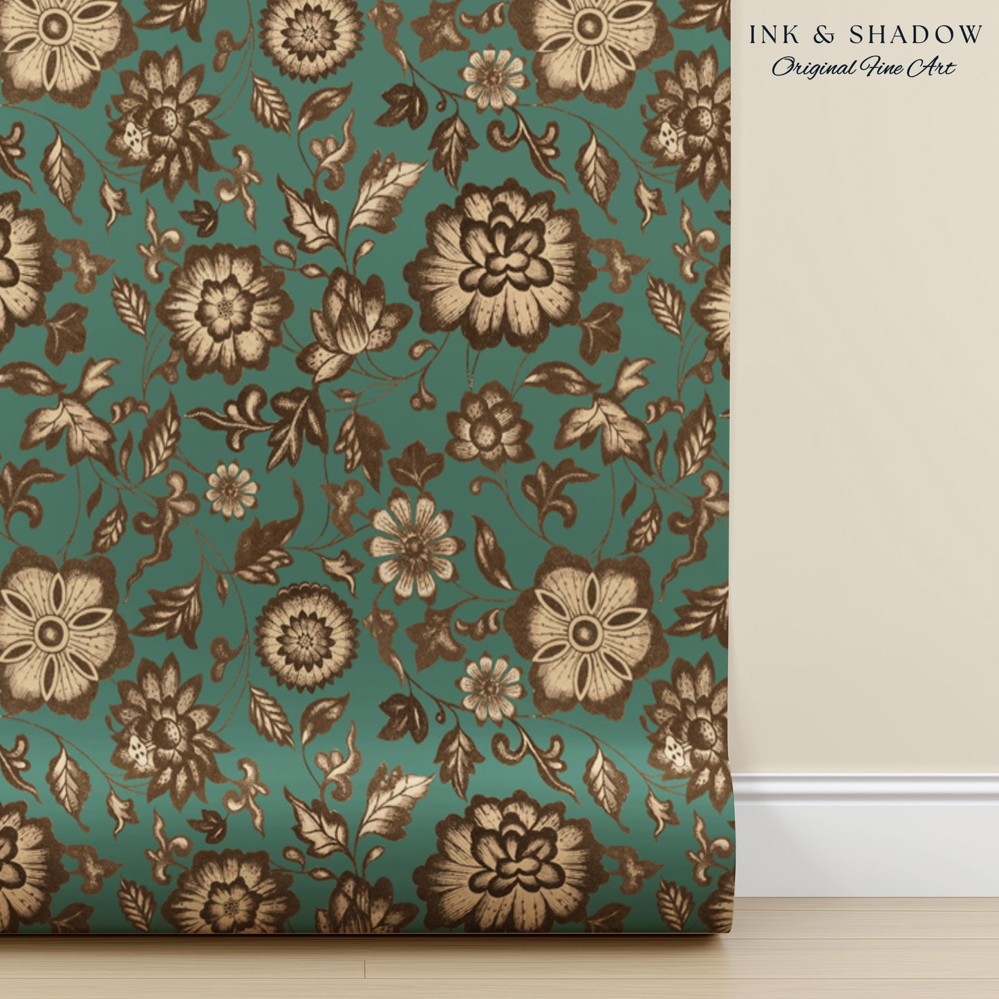 Bohemian Retro Heritage Wallpaper | Vintage Inspired Modern Folk Revival Teal Wall Art Sepia Floral Maximalism Renter Friendly Bedroom