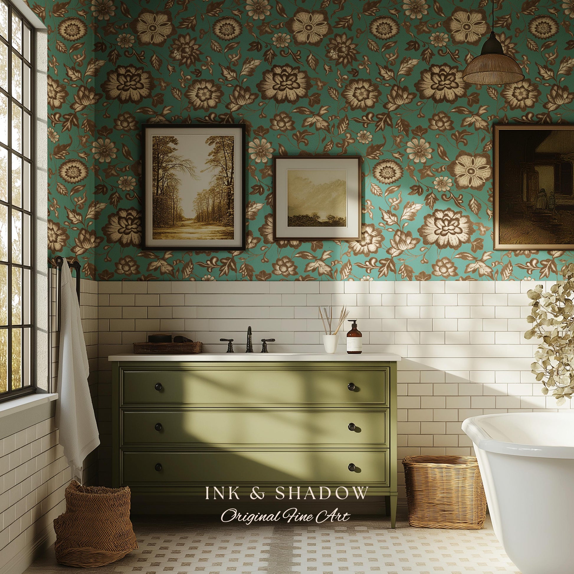 Bohemian Retro Heritage Wallpaper | Vintage Inspired Modern Folk Revival Teal Wall Art Sepia Floral Maximalism Renter Friendly Bedroom