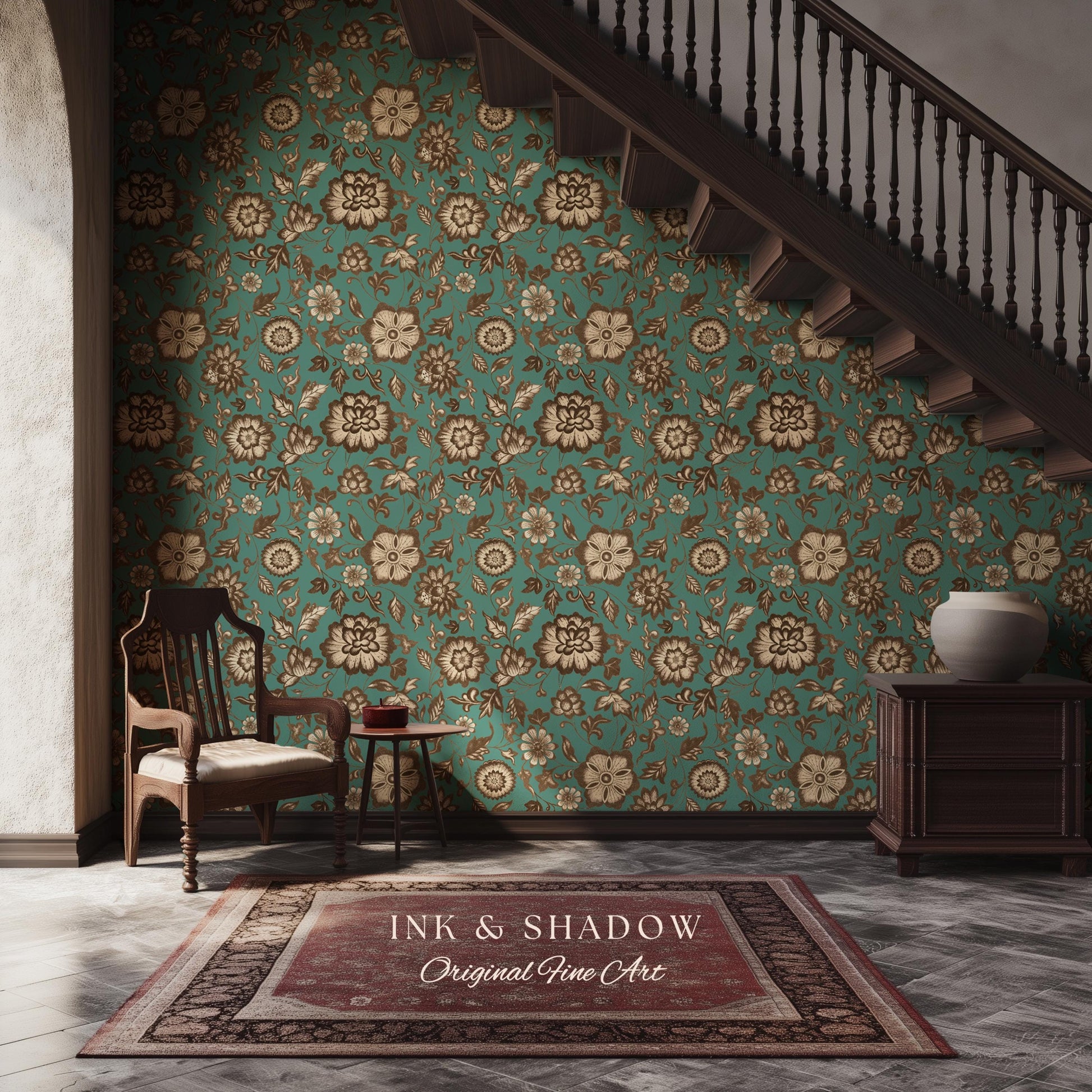 Bohemian Retro Heritage Wallpaper | Vintage Inspired Modern Folk Revival Teal Wall Art Sepia Floral Maximalism Renter Friendly Bedroom