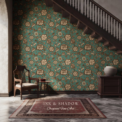 Bohemian Retro Heritage Wallpaper | Vintage Inspired Modern Folk Revival Teal Wall Art Sepia Floral Maximalism Renter Friendly Bedroom