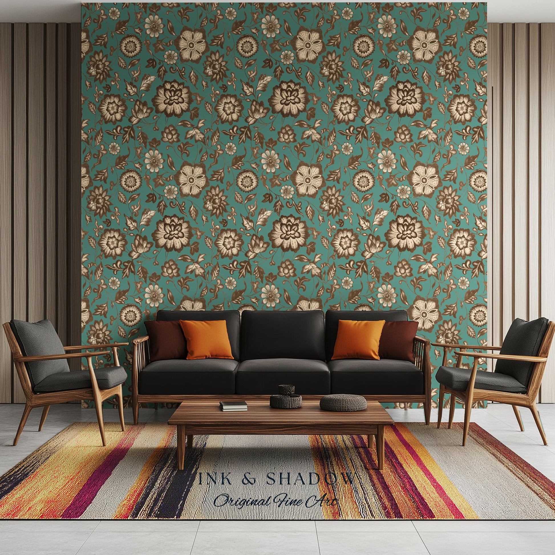 Bohemian Retro Heritage Wallpaper | Vintage Inspired Modern Folk Revival Teal Wall Art Sepia Floral Maximalism Renter Friendly Bedroom