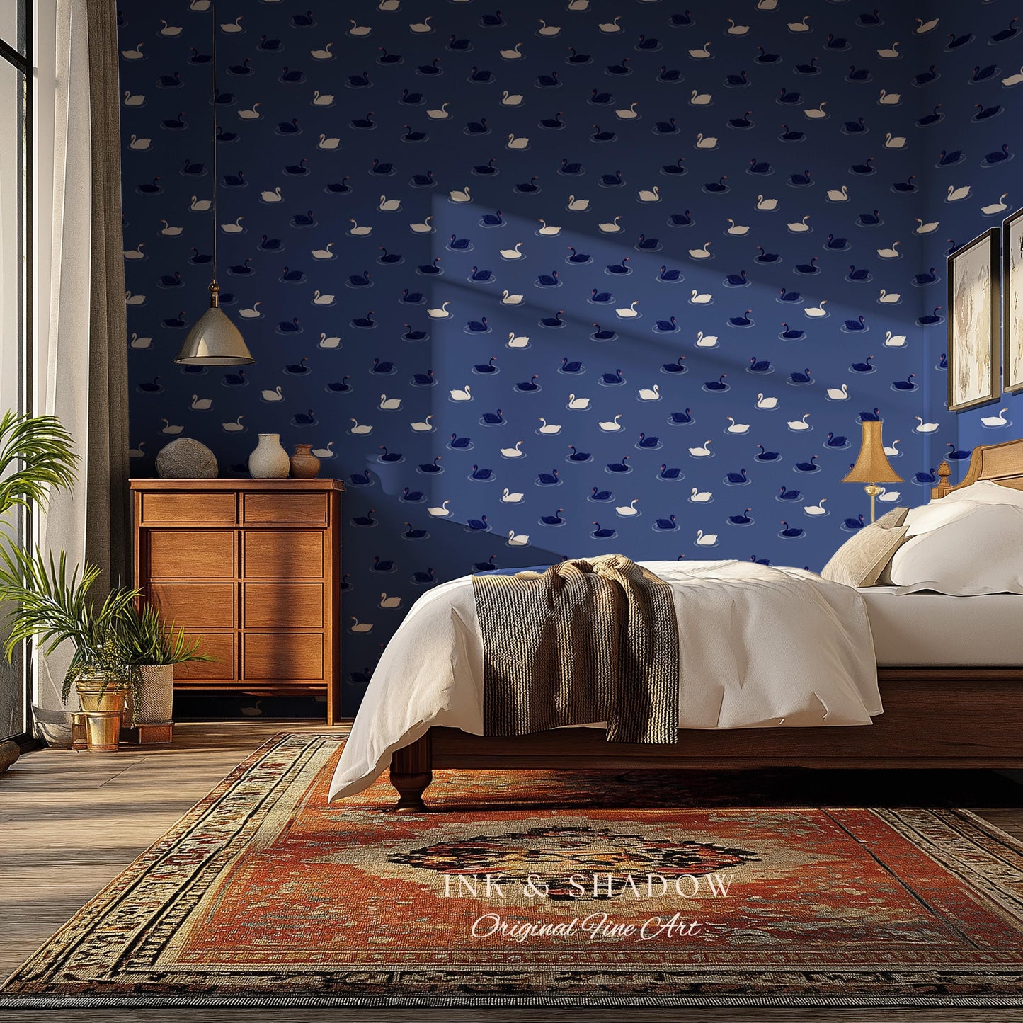 Modern Swan Print Navy Wallpaper | Storybook Iconography Coastal Cottage Prep School Bedroom Peel and Stick Nursery Blue Wall Novelty Art