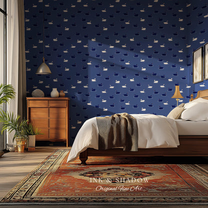 Modern Swan Print Navy Wallpaper | Storybook Iconography Coastal Cottage Prep School Bedroom Peel and Stick Nursery Blue Wall Novelty Art
