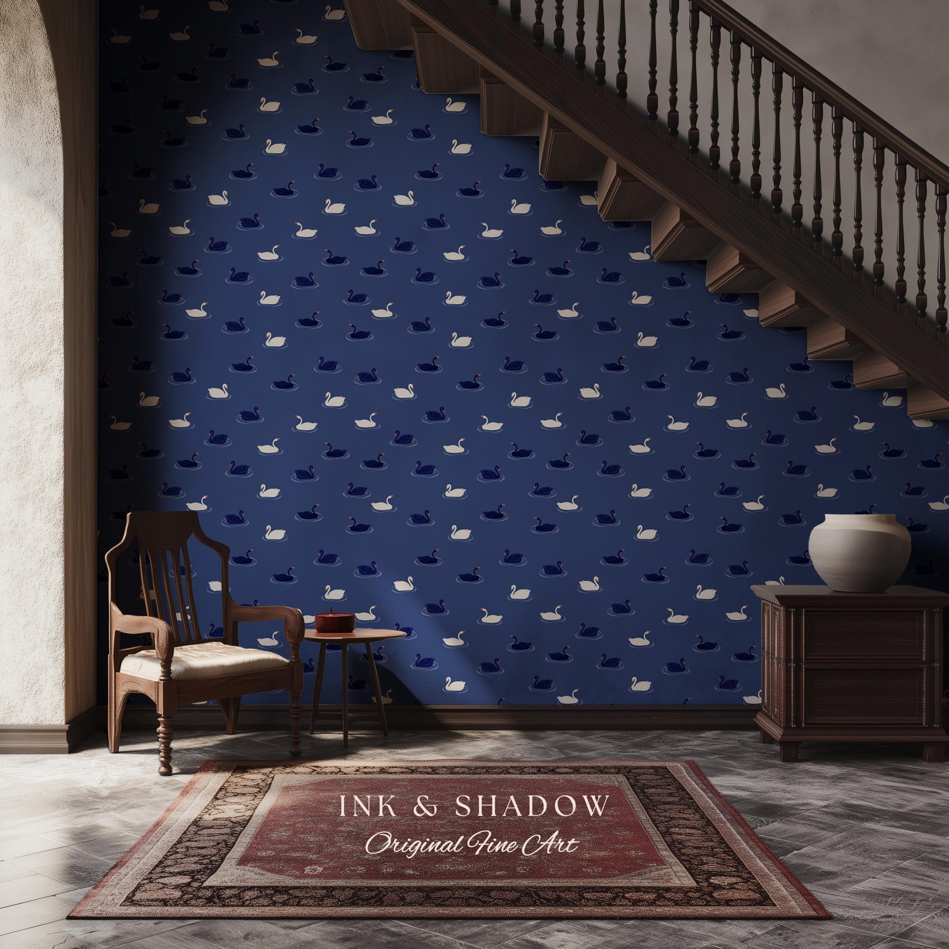 Modern Swan Print Navy Wallpaper | Storybook Iconography Coastal Cottage Prep School Bedroom Peel and Stick Nursery Blue Wall Novelty Art