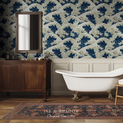 The Great Wave off Kanagawa Wallpaper | Japanese Woodblock Hokusai-Inspired Seascape Fine Art Japonisme Maximalist Peel and Stick Pattern