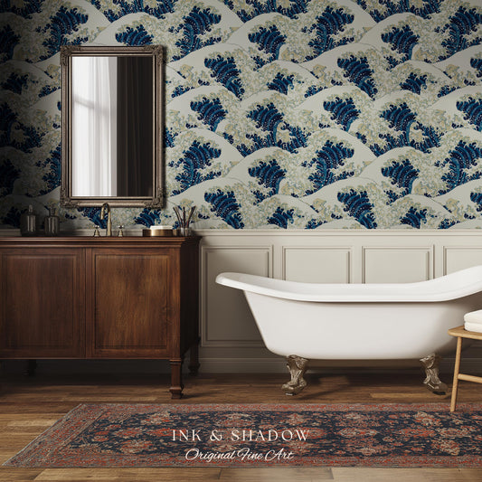 The Great Wave off Kanagawa Wallpaper | Japanese Woodblock Hokusai-Inspired Seascape Fine Art Japonisme Maximalist Peel and Stick Pattern