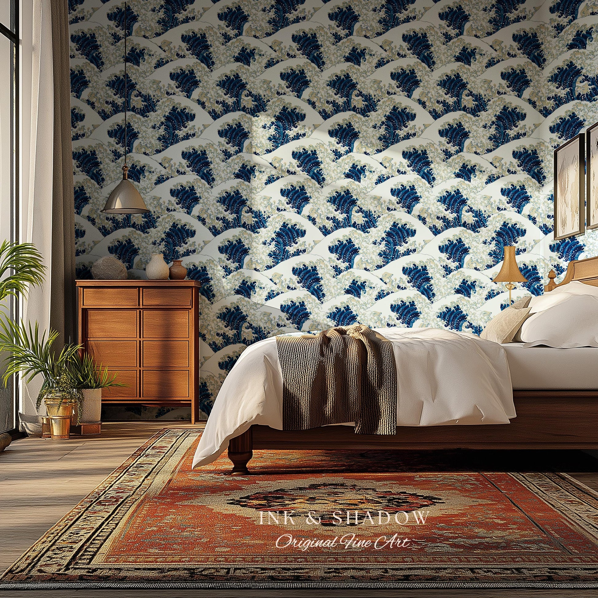 The Great Wave off Kanagawa Wallpaper | Japanese Woodblock Hokusai-Inspired Seascape Fine Art Japonisme Maximalist Peel and Stick Pattern