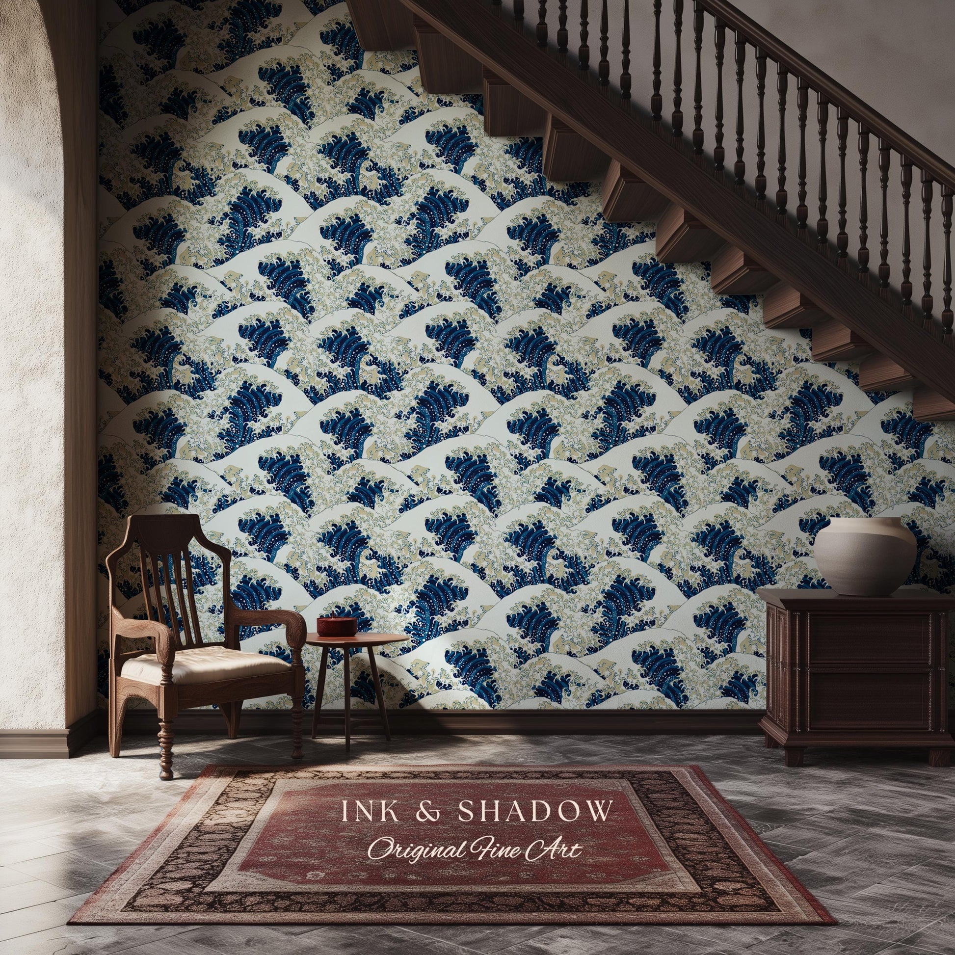 The Great Wave off Kanagawa Wallpaper | Japanese Woodblock Hokusai-Inspired Seascape Fine Art Japonisme Maximalist Peel and Stick Pattern