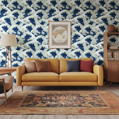 The Great Wave off Kanagawa Wallpaper | Japanese Woodblock Hokusai-Inspired Seascape Fine Art Japonisme Maximalist Peel and Stick Pattern