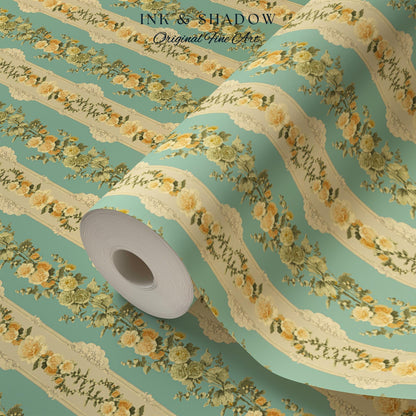 Victorian Ribbon Stripe Floral Wallpaper | French Parlor Panel Rococo Revival Peel and Stick Boudoir Wall Art Grandmillenial Romantic Decor