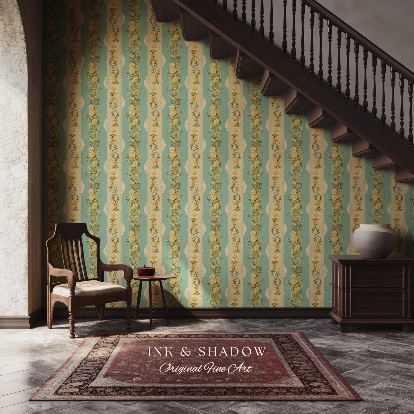 Victorian Ribbon Stripe Floral Wallpaper | French Parlor Panel Rococo Revival Peel and Stick Boudoir Wall Art Grandmillenial Romantic Decor
