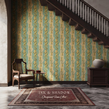Victorian Ribbon Stripe Floral Wallpaper | French Parlor Panel Rococo Revival Peel and Stick Boudoir Wall Art Grandmillenial Romantic Decor