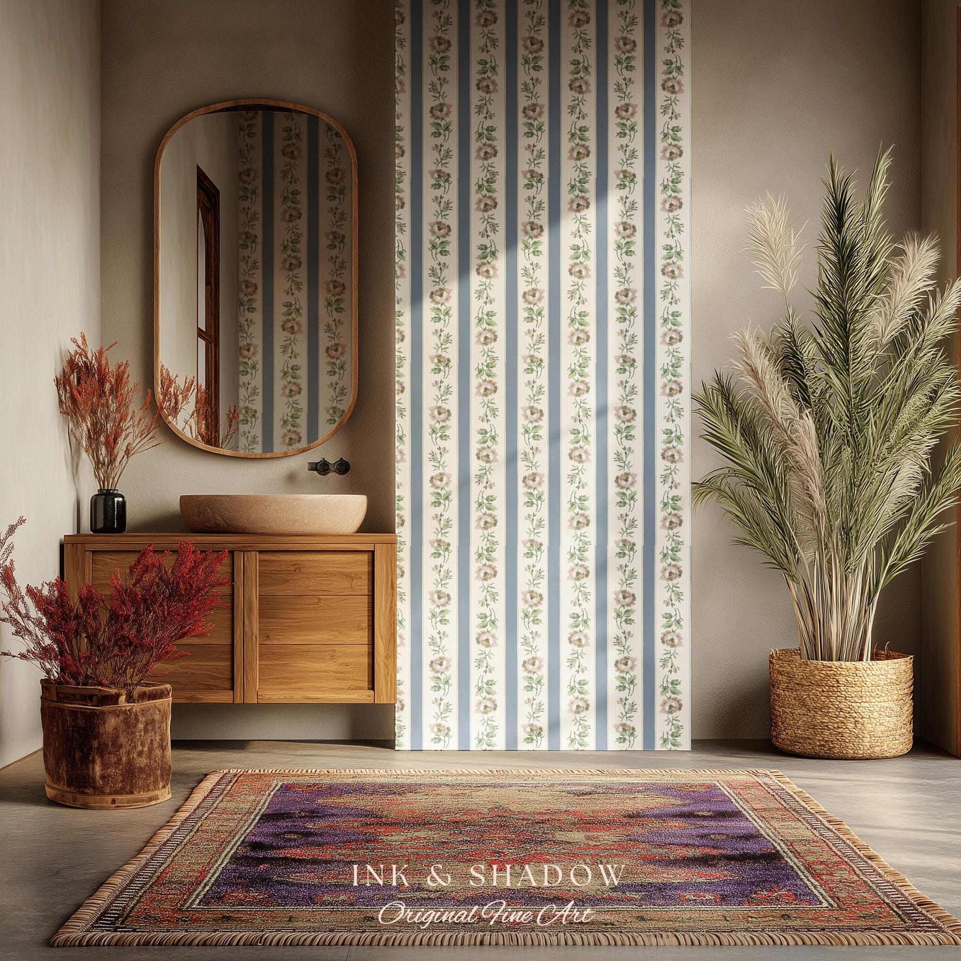Soft Pastoral English Manor Wallpaper | Grandmillenial Feminine Ribbon Stripe Pastel Heirloom French Country Peel and Stick Bedroom Textiles