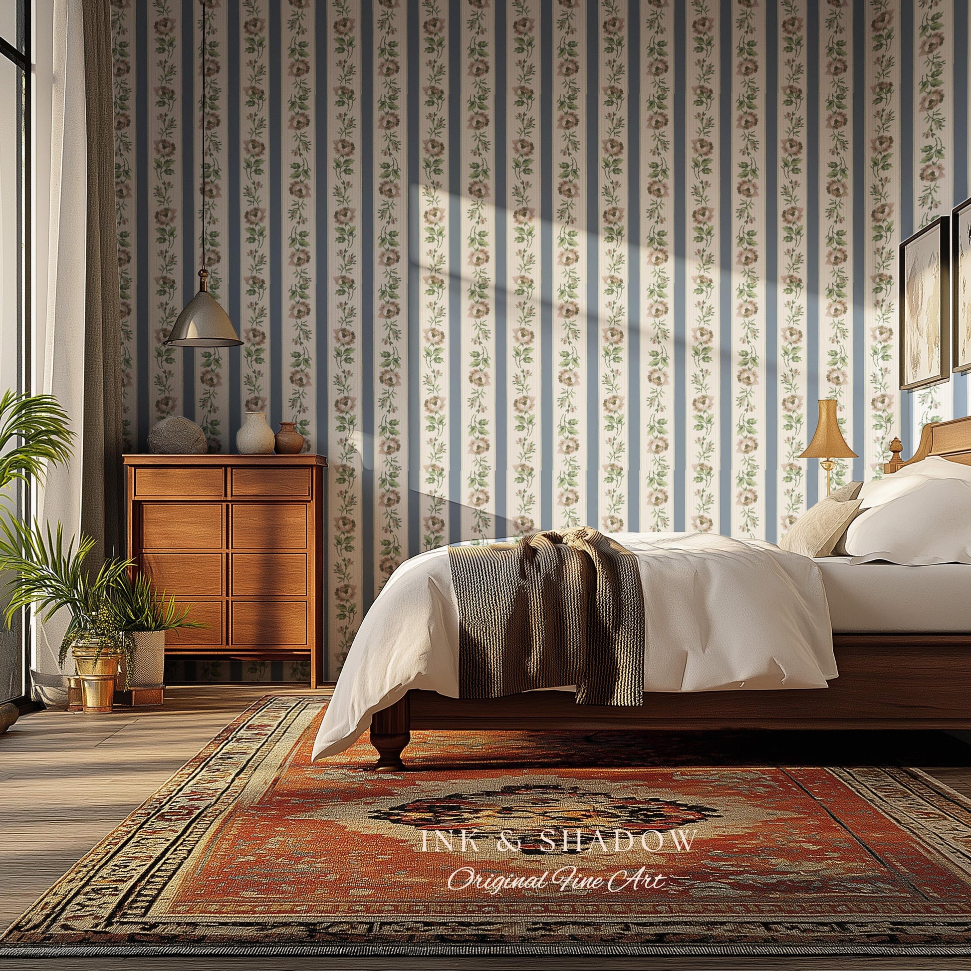Soft Pastoral English Manor Wallpaper | Grandmillenial Feminine Ribbon Stripe Pastel Heirloom French Country Peel and Stick Bedroom Textiles