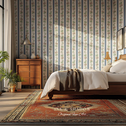 Soft Pastoral English Manor Wallpaper | Grandmillenial Feminine Ribbon Stripe Pastel Heirloom French Country Peel and Stick Bedroom Textiles