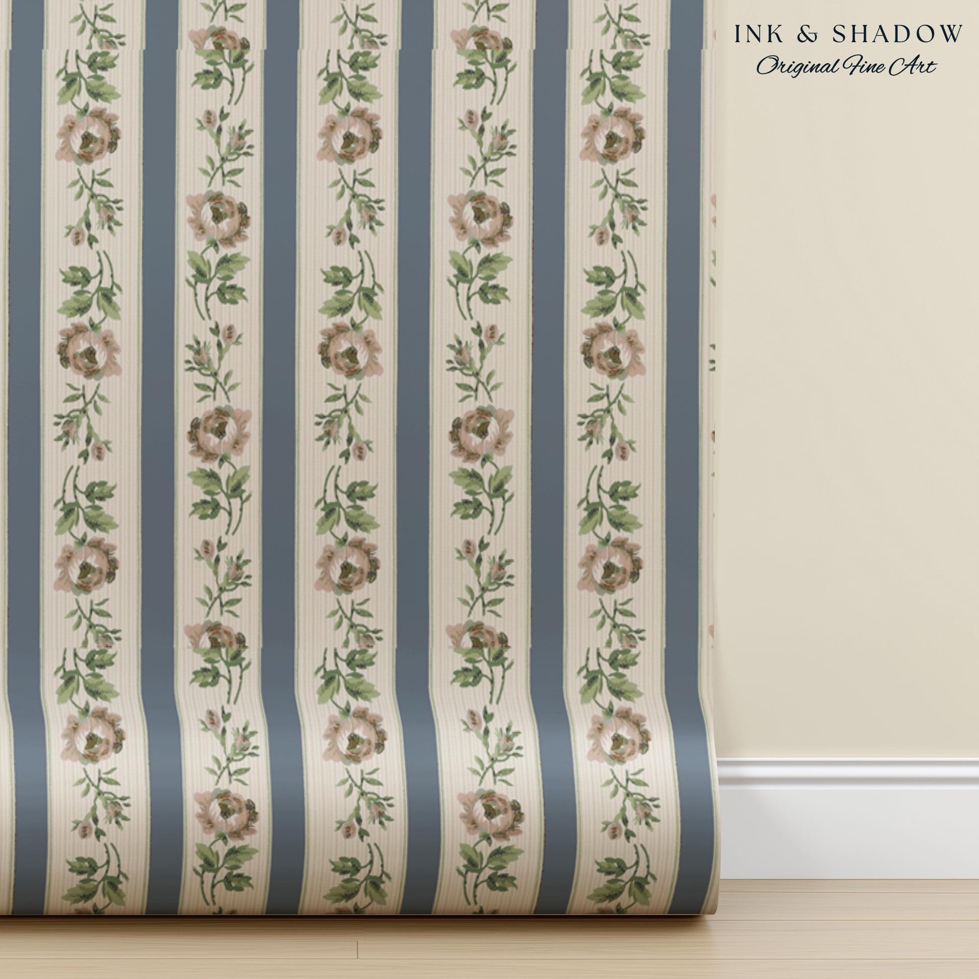 Soft Pastoral English Manor Wallpaper | Grandmillenial Feminine Ribbon Stripe Pastel Heirloom French Country Peel and Stick Bedroom Textiles