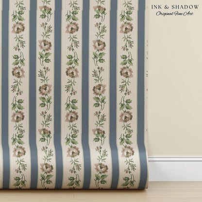 Soft Pastoral English Manor Wallpaper | Grandmillenial Feminine Ribbon Stripe Pastel Heirloom French Country Peel and Stick Bedroom Textiles