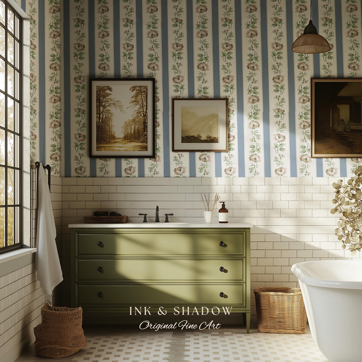 Soft Pastoral English Manor Wallpaper | Grandmillenial Feminine Ribbon Stripe Pastel Heirloom French Country Peel and Stick Bedroom Textiles