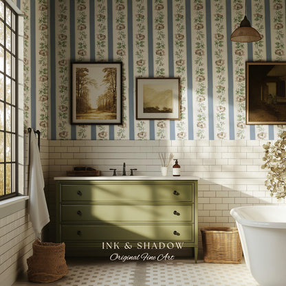 Soft Pastoral English Manor Wallpaper | Grandmillenial Feminine Ribbon Stripe Pastel Heirloom French Country Peel and Stick Bedroom Textiles