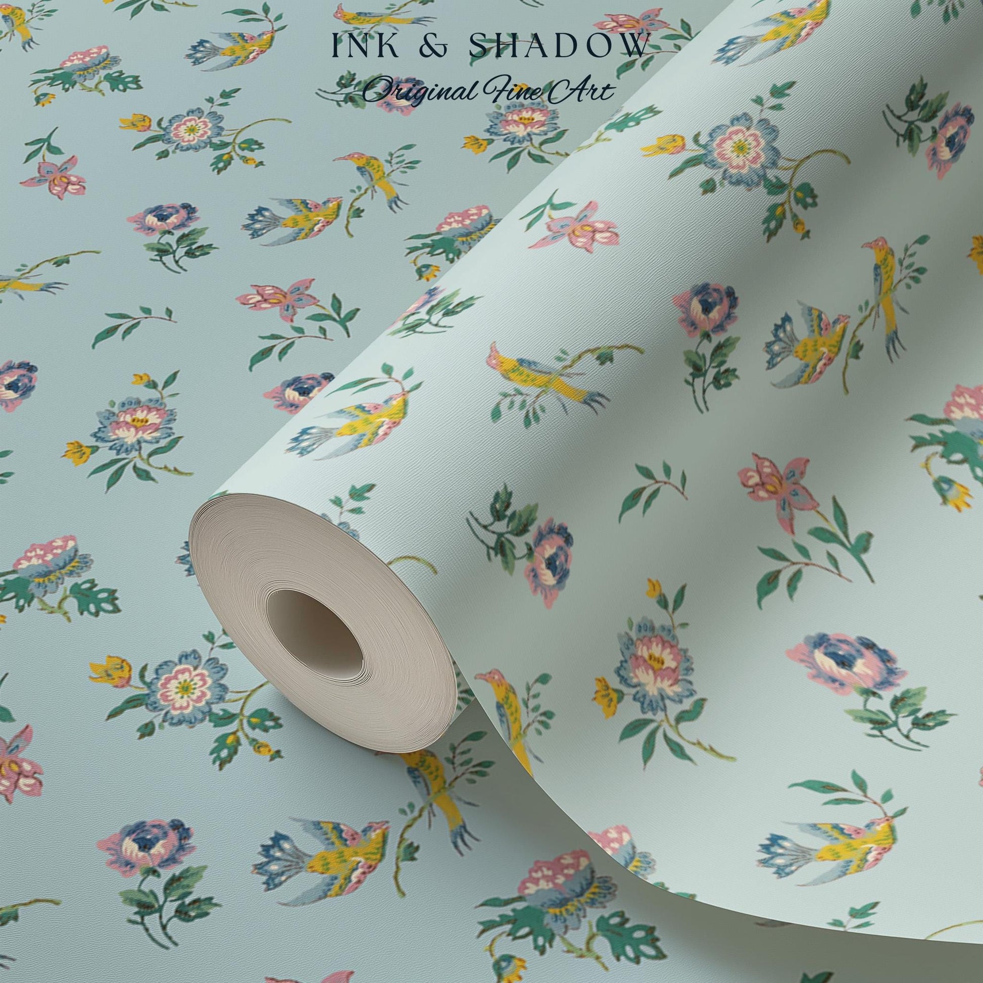 Pastel Chinoiserie Hummingbird Wallpaper | French Provincial Robin's Egg Blue Background Rococo Peel and Stick Grandmillenial Heirloom Art